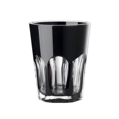 A black and clear acrylic tumbler with a geometric pattern on the sides, displayed against a white background.
