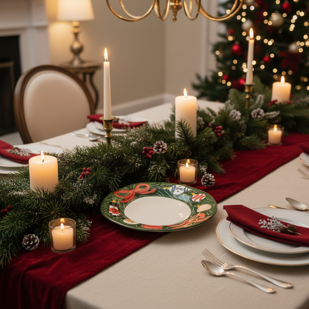 Decorative Christmas table setting with candles, greenery, and festive plates.