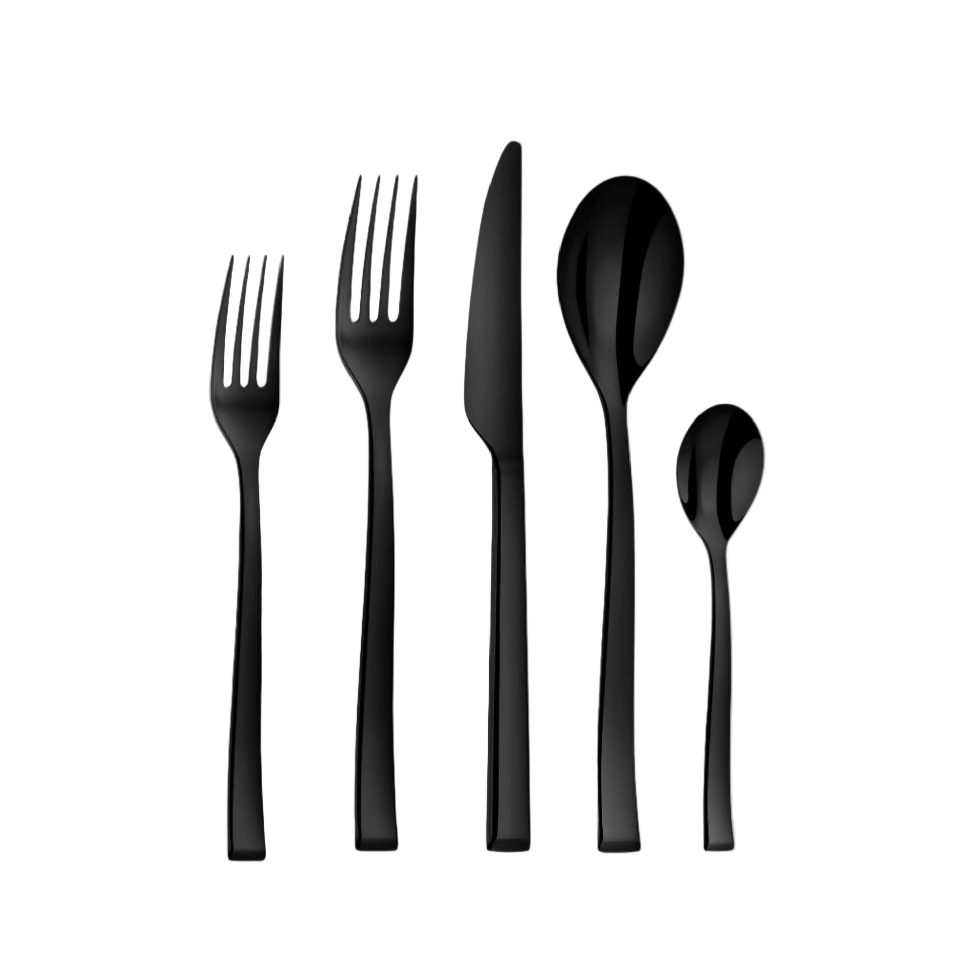 Set of black cutlery including two forks, a knife, and two spoons on a white background.
