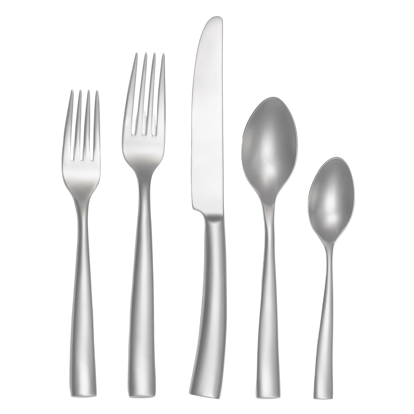 Set of silver cutlery including two forks, two spoons, and a knife on a white background