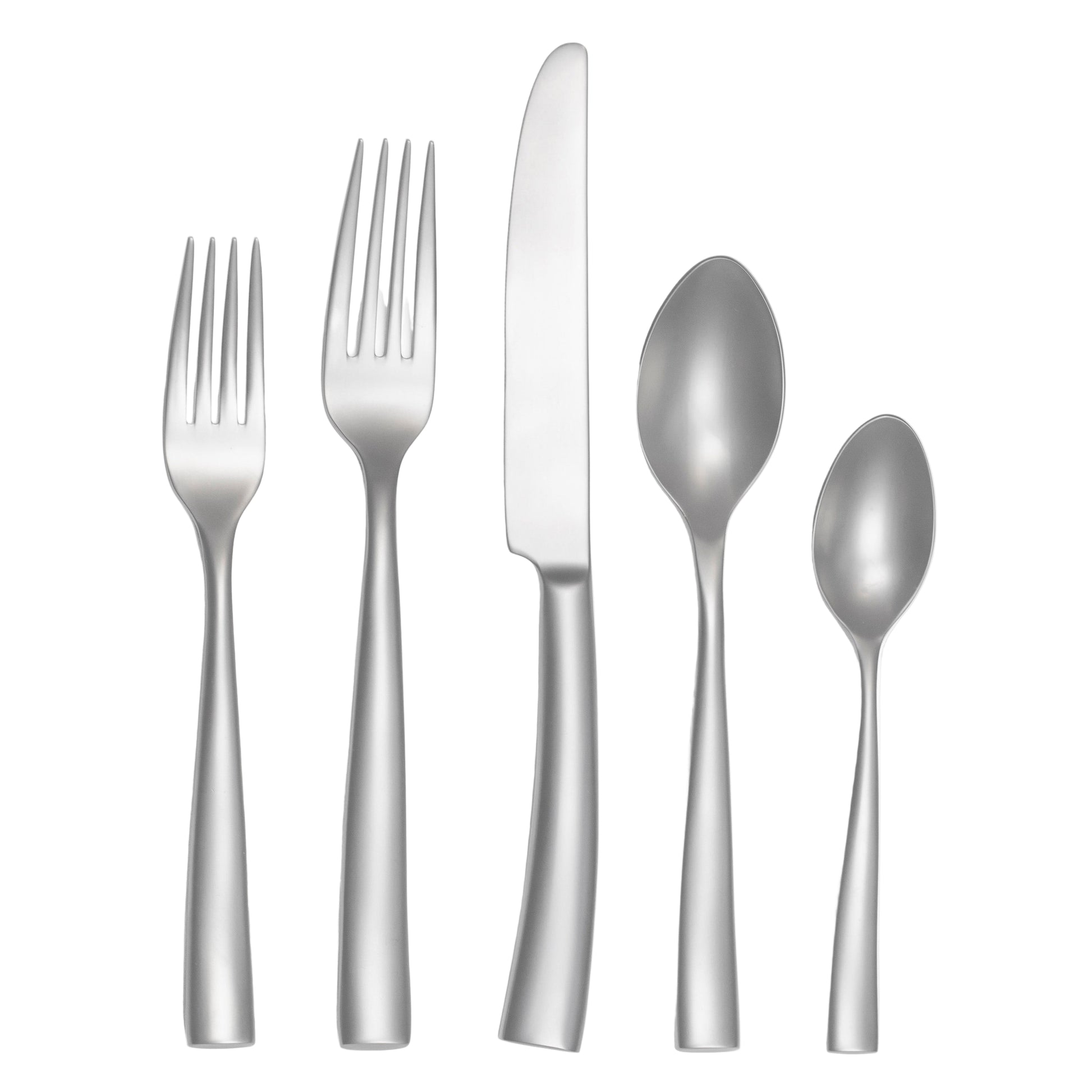 Set of silver cutlery including two forks, two spoons, and a knife on a white background