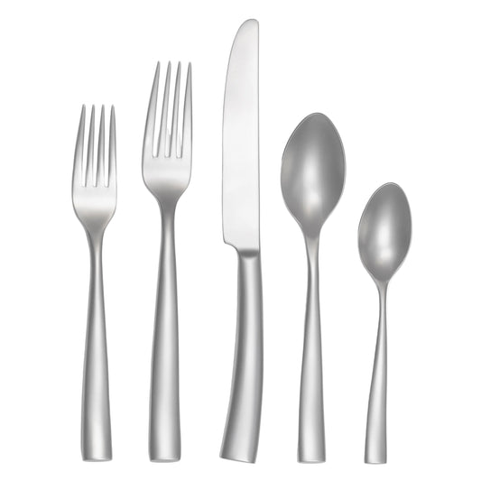 Set of silver cutlery including two forks, two spoons, and a knife on a white background