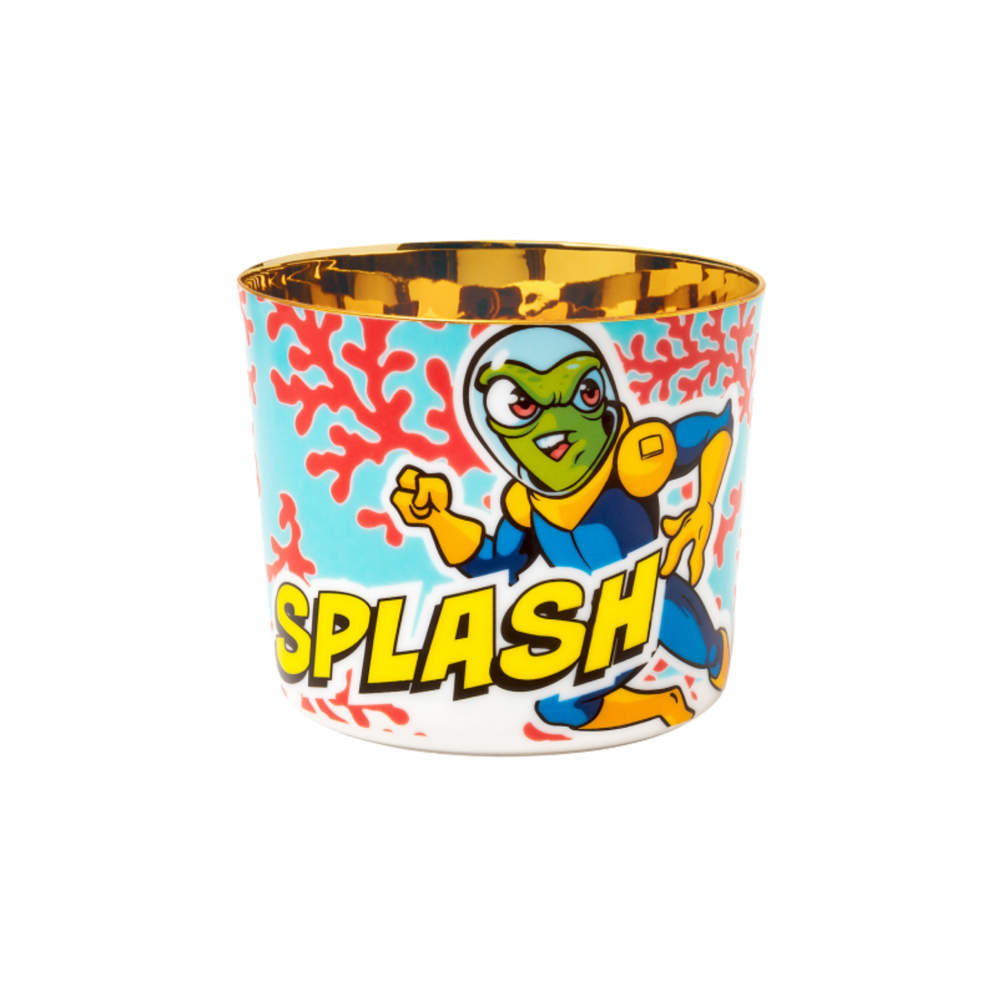 Colorful cup with a cartoon character and 'Splash' text on a white background