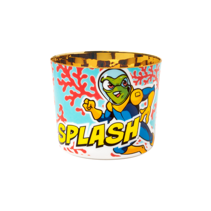 Colorful cup with a cartoon character and 'Splash' text on a white background