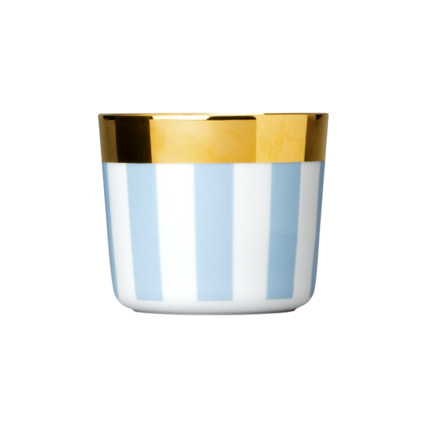 A white porcelain champagne tumbler with vertical pastel blue stripes and a gold rim at the top.