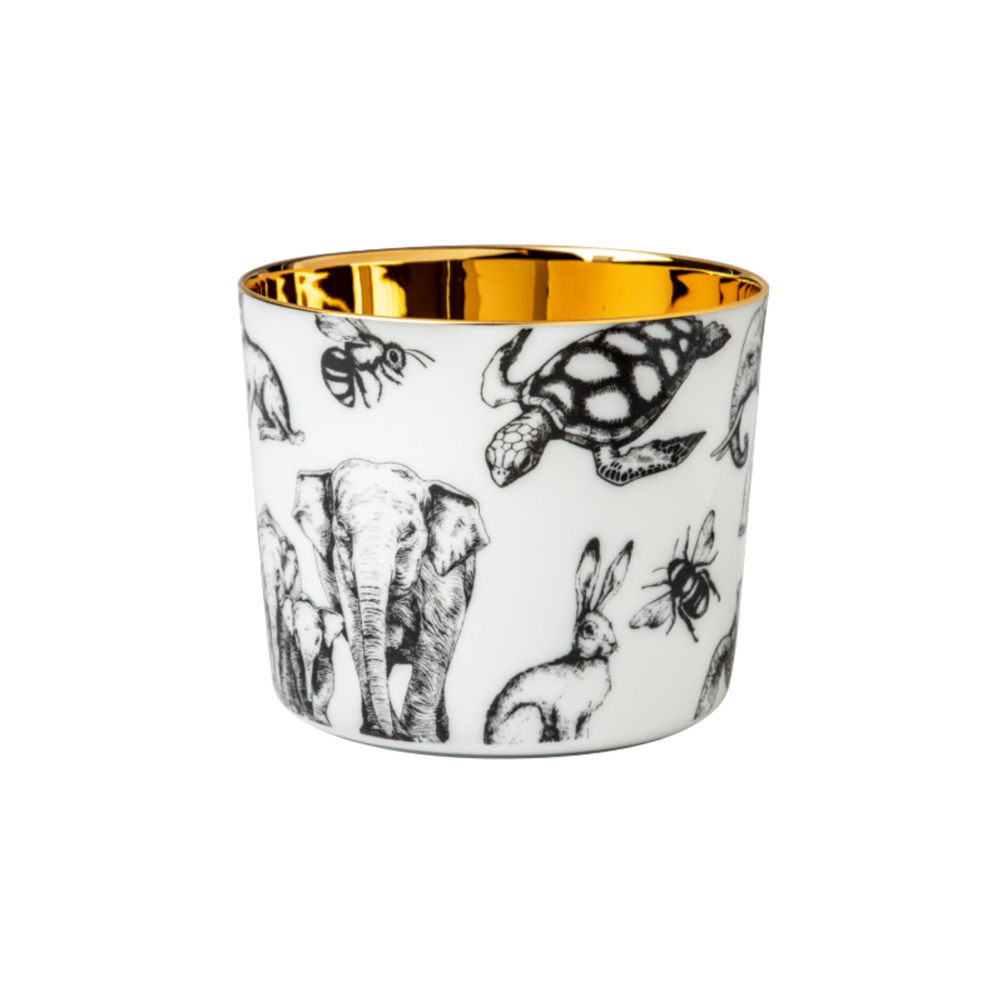 A white porcelain champagne tumbler with a gold interior, decorated with different animals in partnership with Barbara Strum