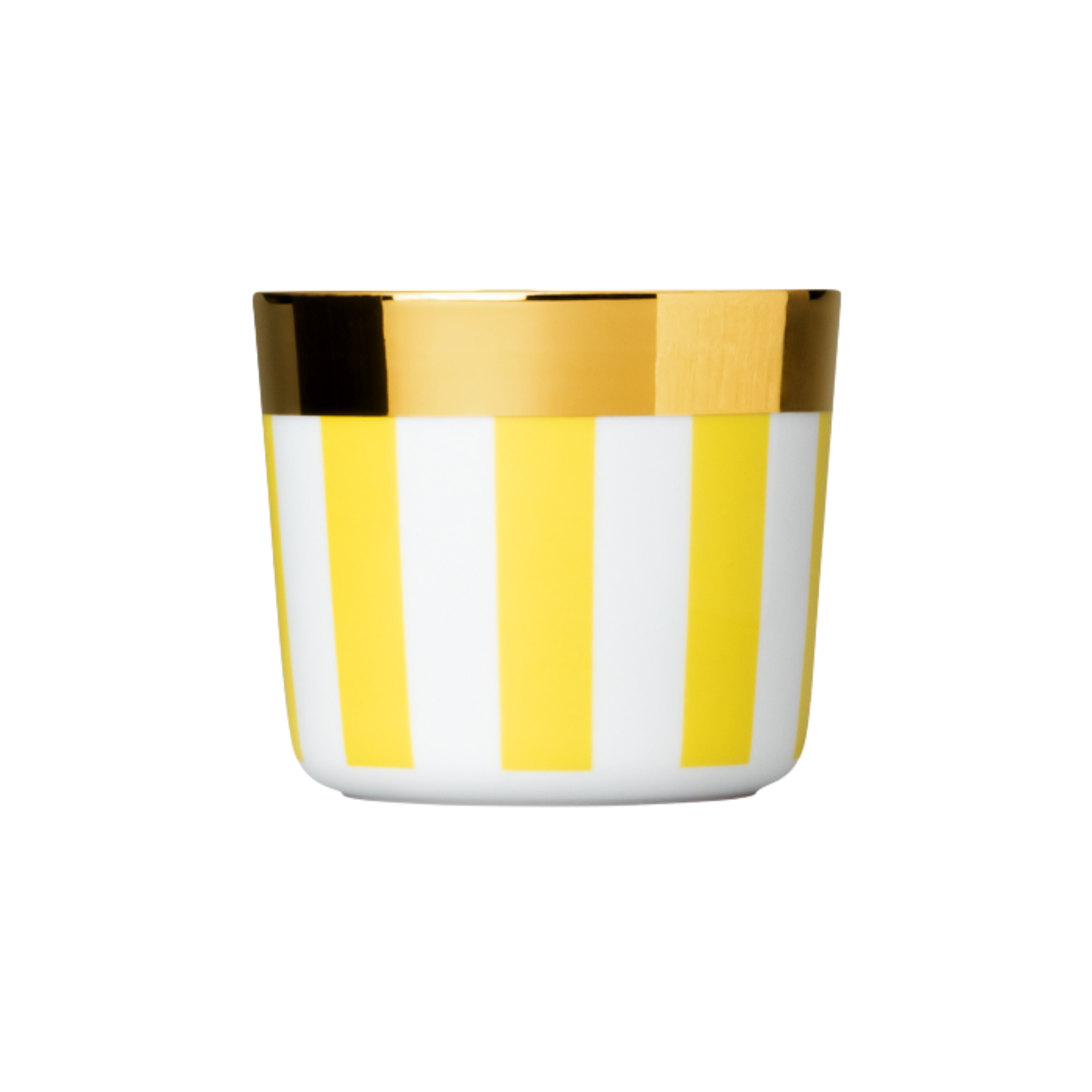 A white porcelain champagne tumbler with butter yellow stripes and a gold rim at the top.
