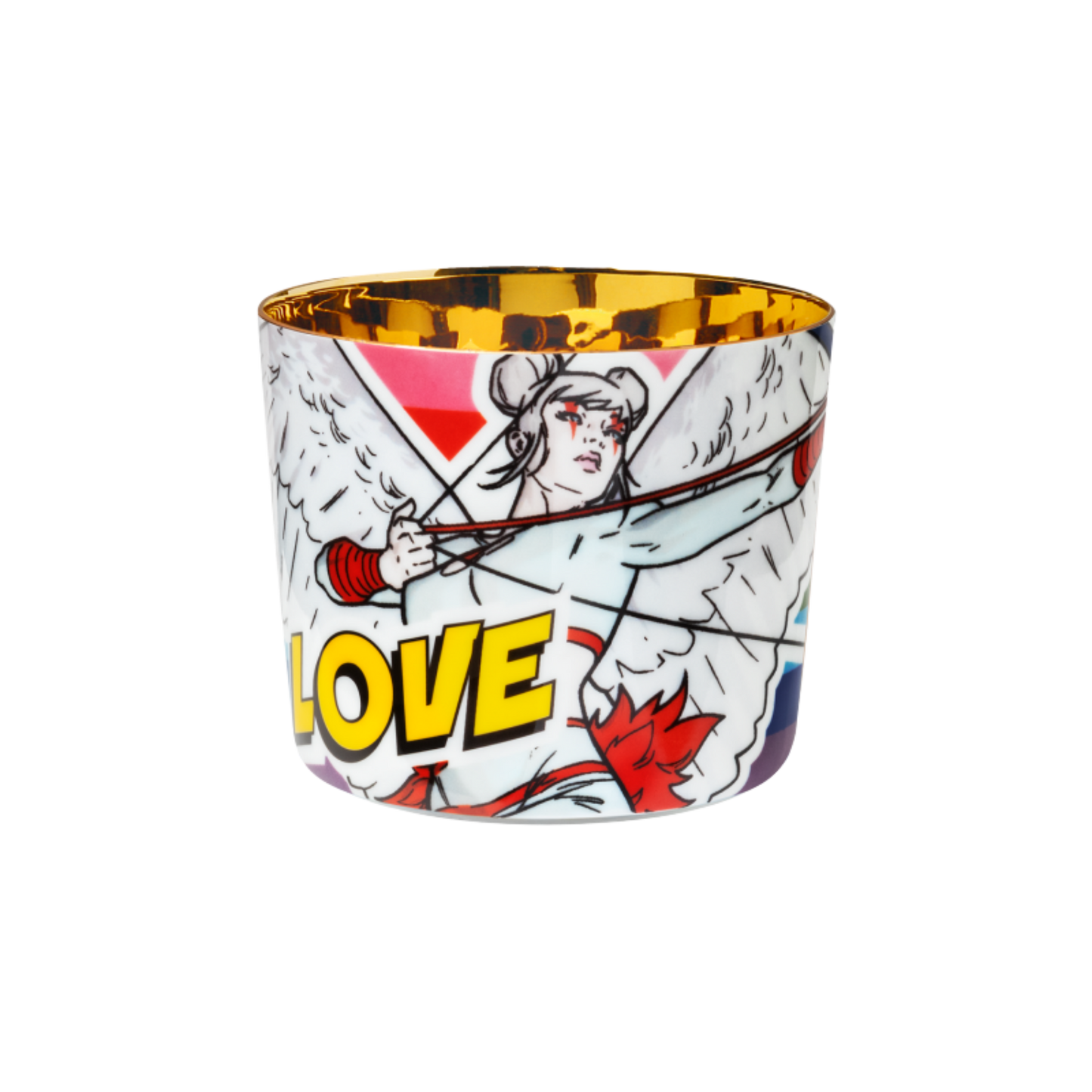 A porcelain champagne tumbler with a colorful illustration featuring Cupid and the text 'LOVE' on a white and red background, with a golden interior.