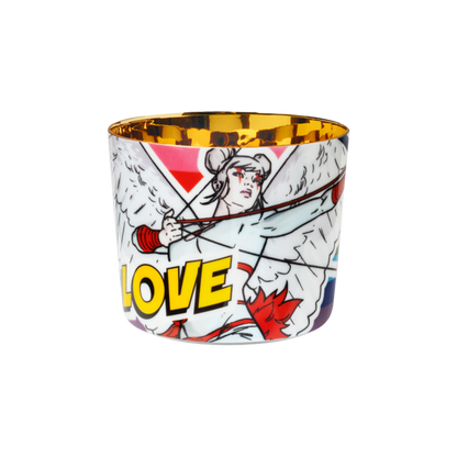 A porcelain champagne tumbler with a colorful illustration featuring Cupid and the text 'LOVE' on a white and red background, with a golden interior.