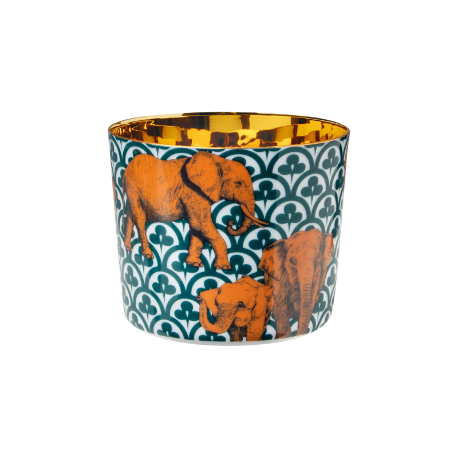 A multicolored porcelain champagne tumbler with a gold interior, decorated with orange elephant patterns against a blue background.