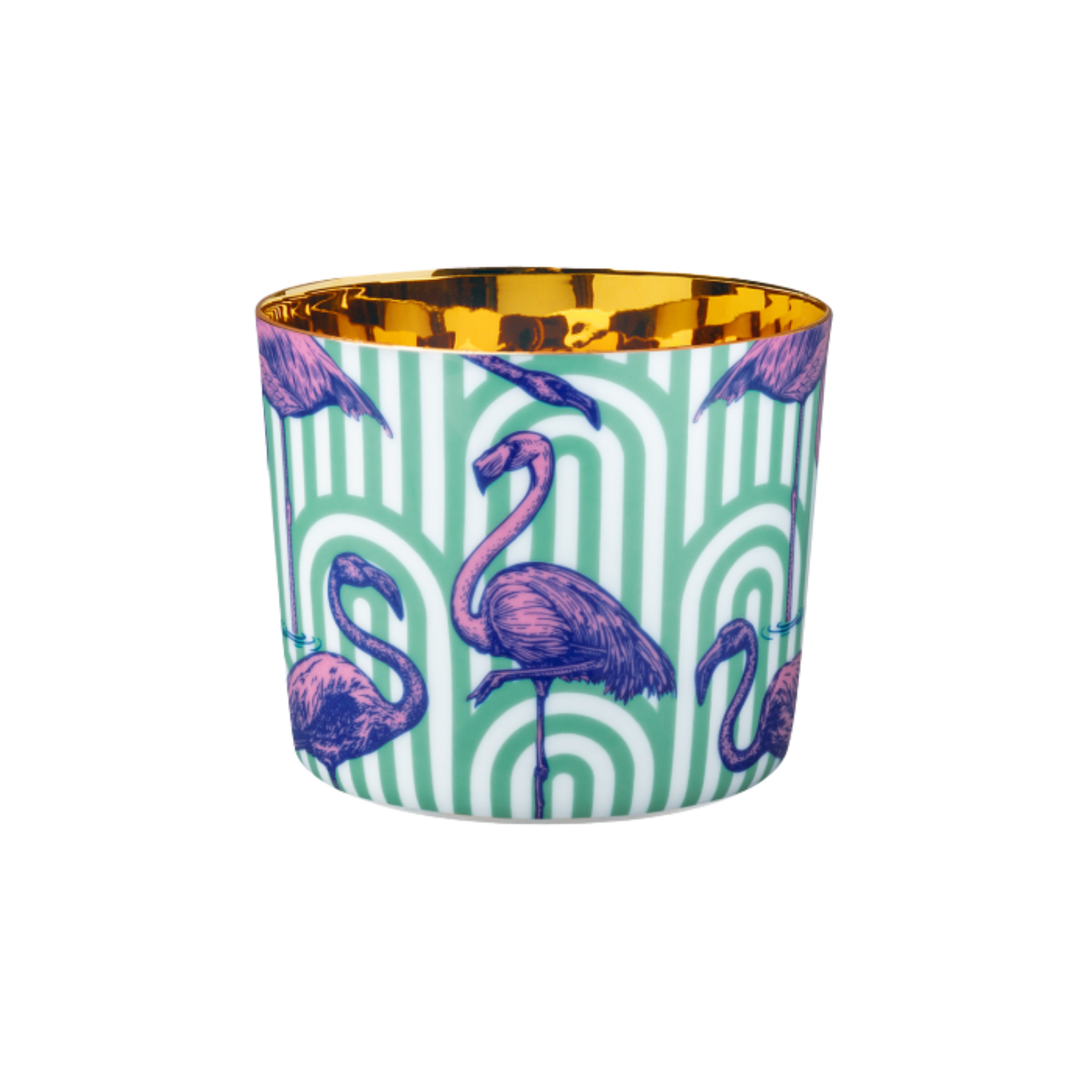 A multicolored porcelain champagne tumbler with a gold interior, decorated with pink flamingo patterns against a teal background.