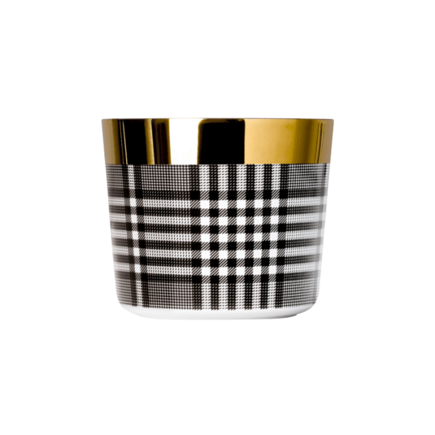 A black and white porcelain champagne tumbler with a gold rim and interior, featuring a geometric pattern.