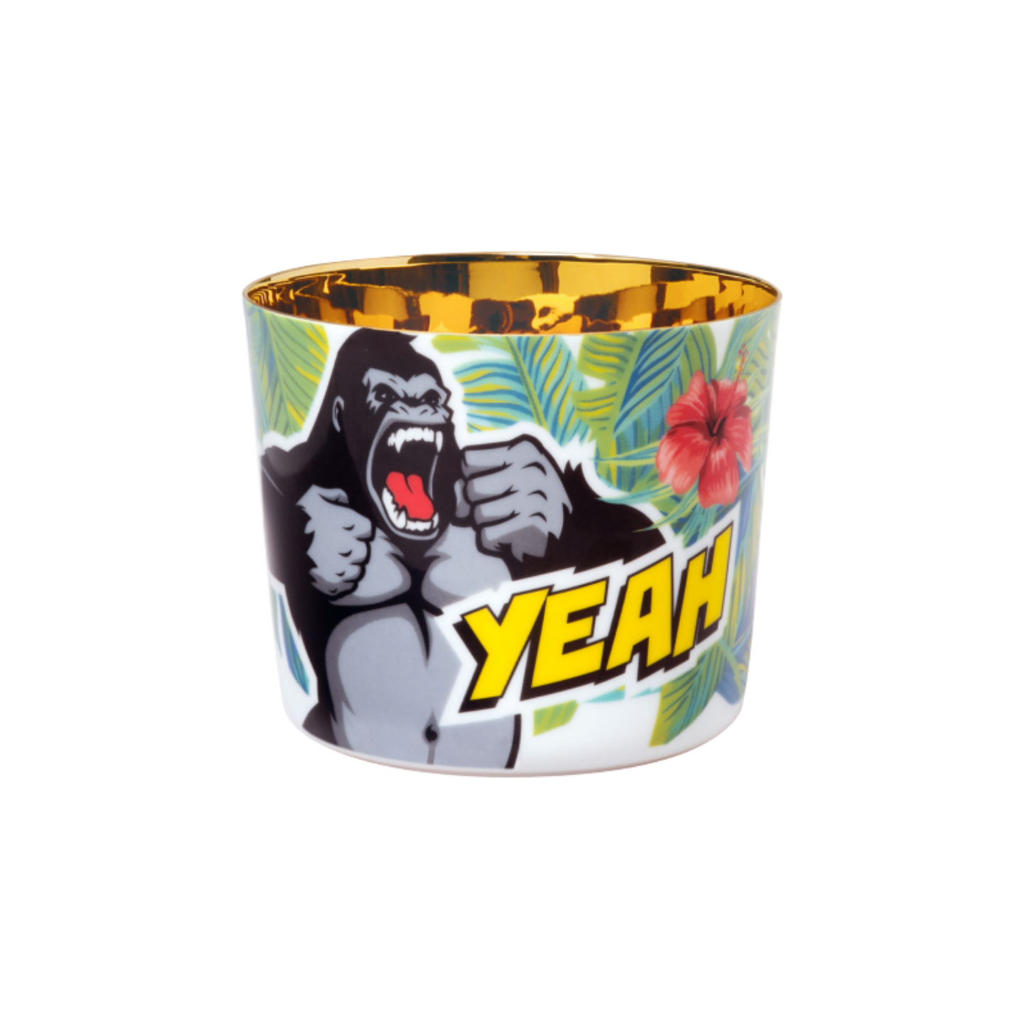 A porcelain champagne tumbler with a colorful illustration featuring a gorilla and the text 'YEAH' on a yellow and green background, with a golden interior.