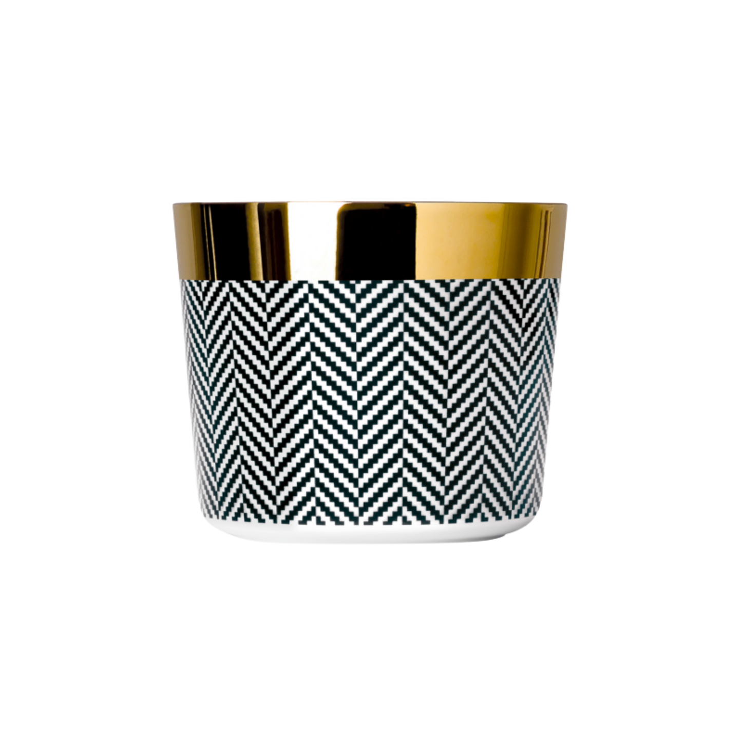 A black and white porcelain champagne tumbler with a gold rim and interior, featuring a geometric pattern.