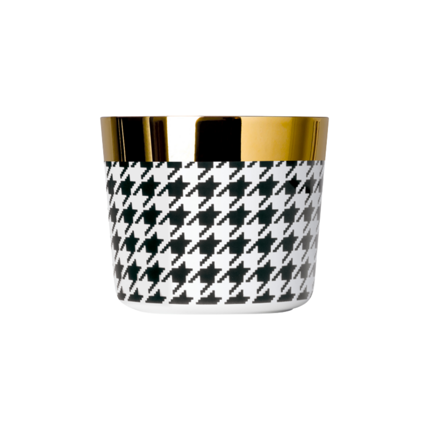 A black and white porcelain champagne tumbler with a gold rim and interior, featuring a geometric pattern.