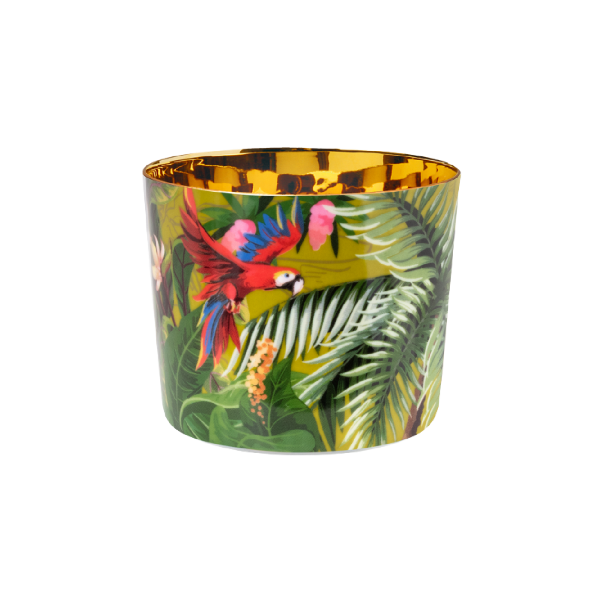 A multicolored luxury porcelain champagne tumbler with a gold interior and a design that includes jungle foliage and a colorful parrot.