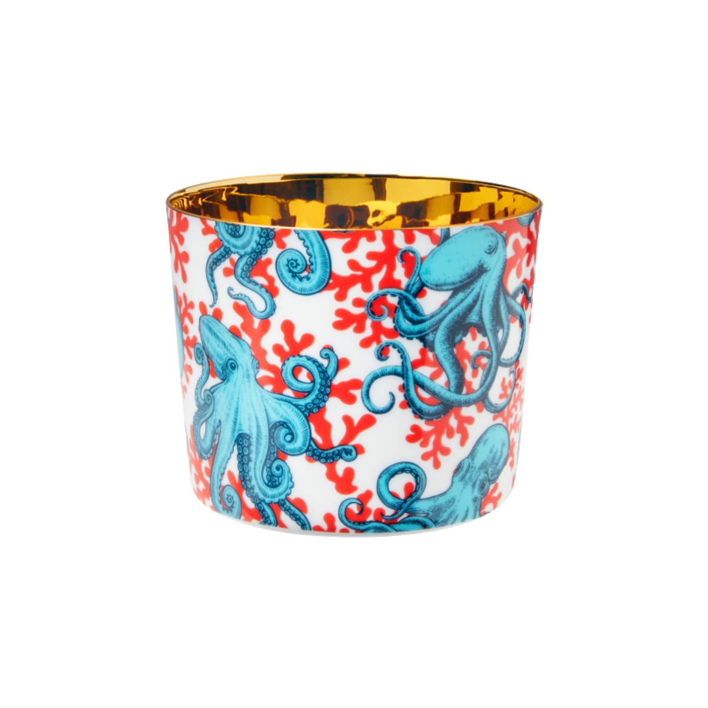 A multicolored porcelain champagne tumbler with a gold interior, decorated with blue octopus against a red and white patterned background.