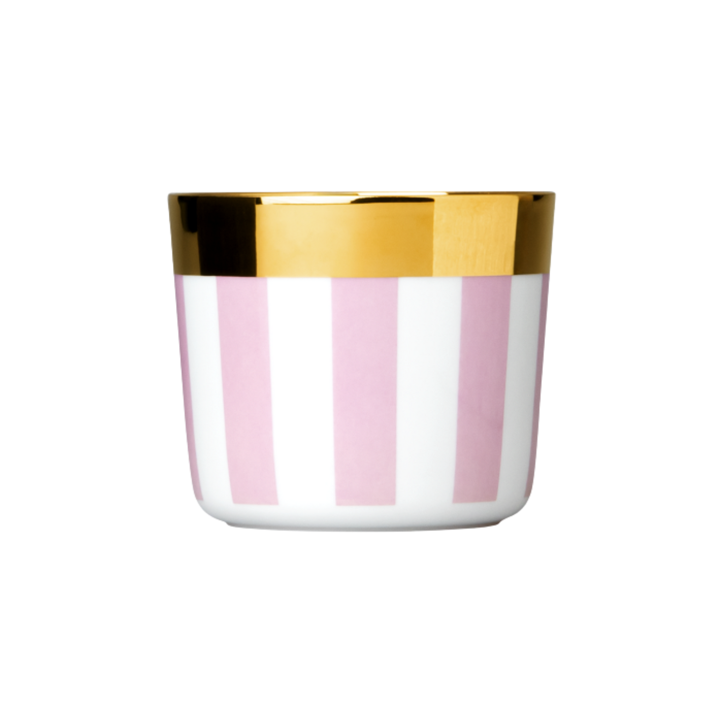 A white porcelain champagne tumbler with vertical pink stripes and a gold rim at the top.