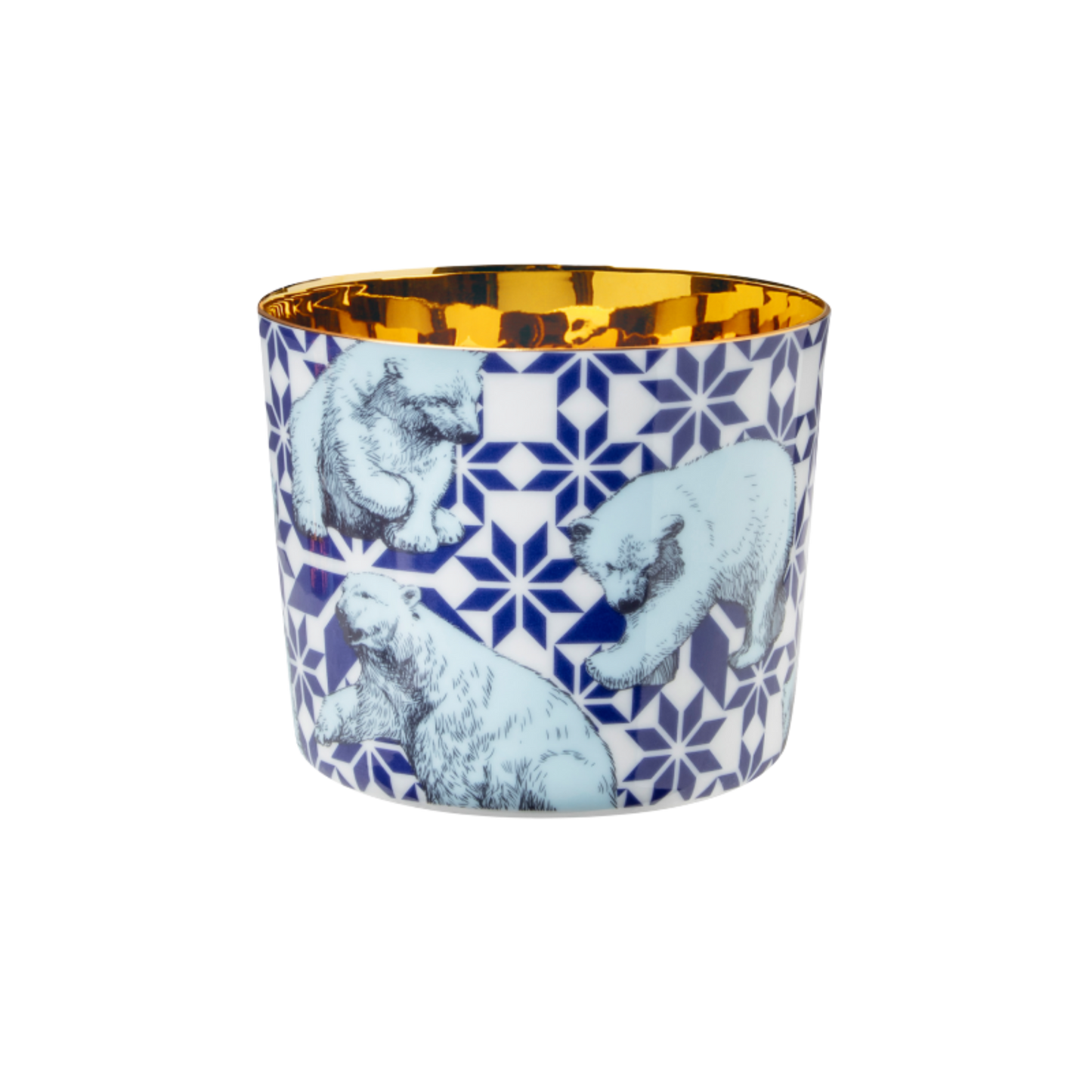A multicolored porcelain champagne tumbler with a gold interior, decorated with polar bears