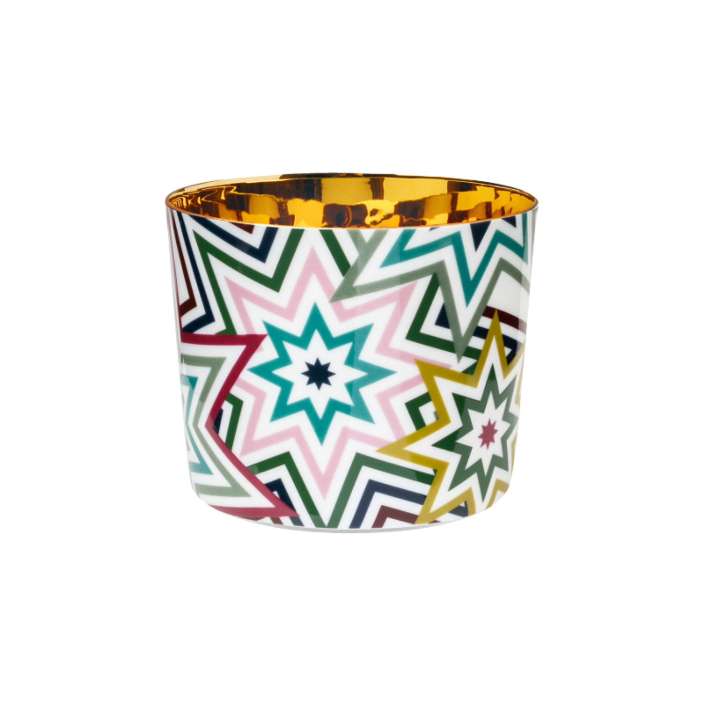 A multicolored porcelain champagne tumbler with a gold interior and a design that includes stars in a rainbow of colors.