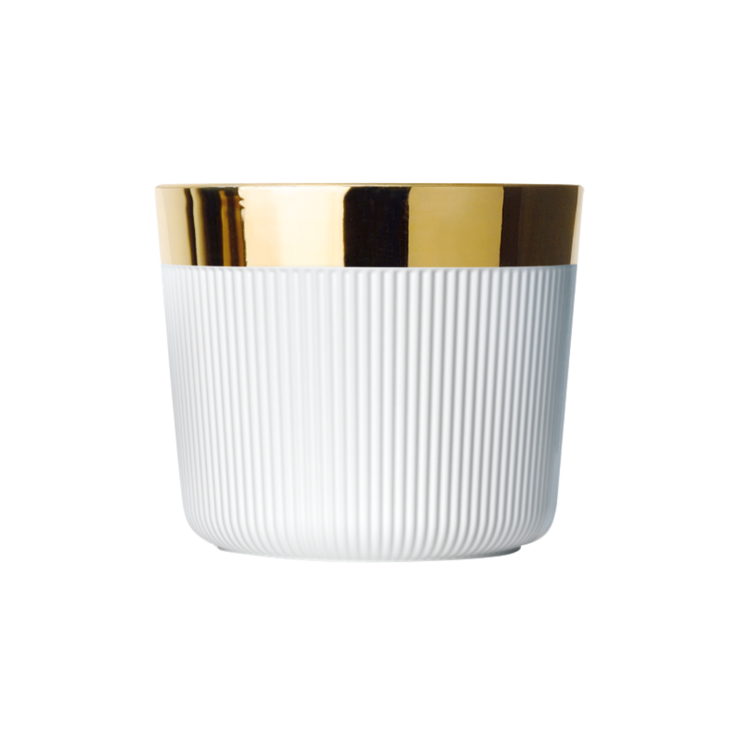 A matte white porcelain champagne tumbler with a gold rim and interior, against a plain background.