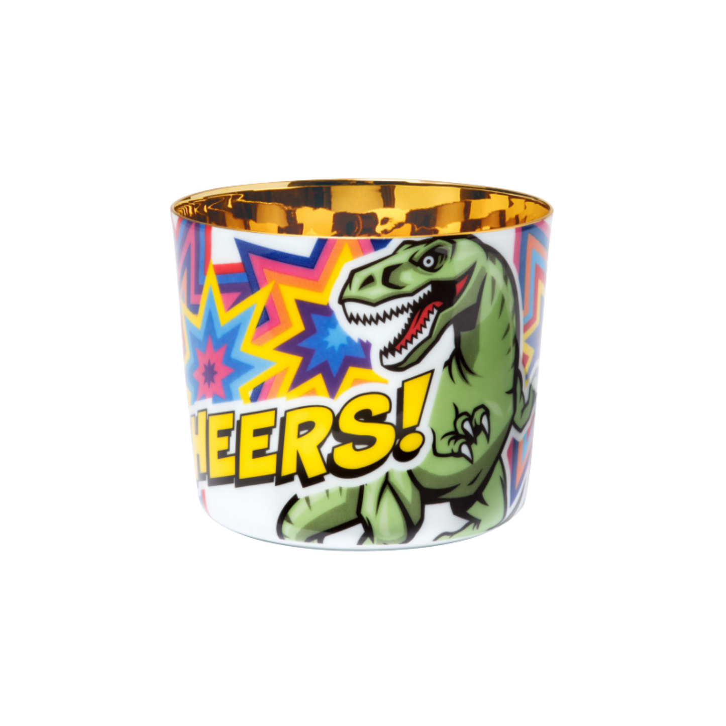 A porcelain champagne tumbler with a colorful illustration featuring a T-rex and the text 'CHEERS' on a colorful star background, with a golden interior.