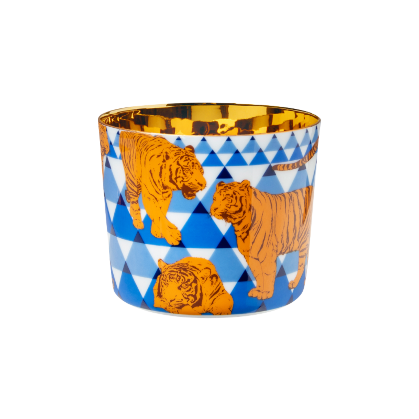 A multicolored porcelain champagne tumbler with a gold interior, decorated with orange tigers against a blue patterned background.