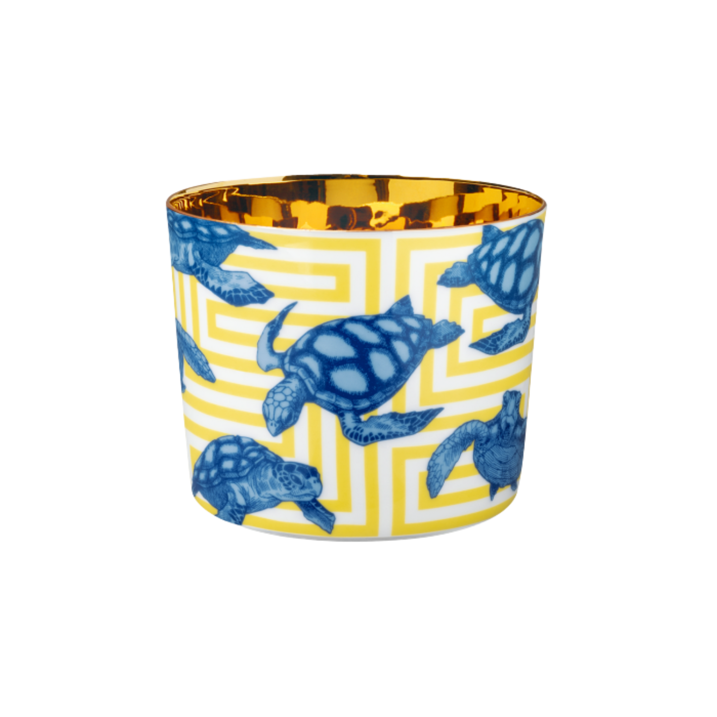A multicolored porcelain champagne tumbler with a gold interior, decorated with blue turtle patterns against a yellow background.