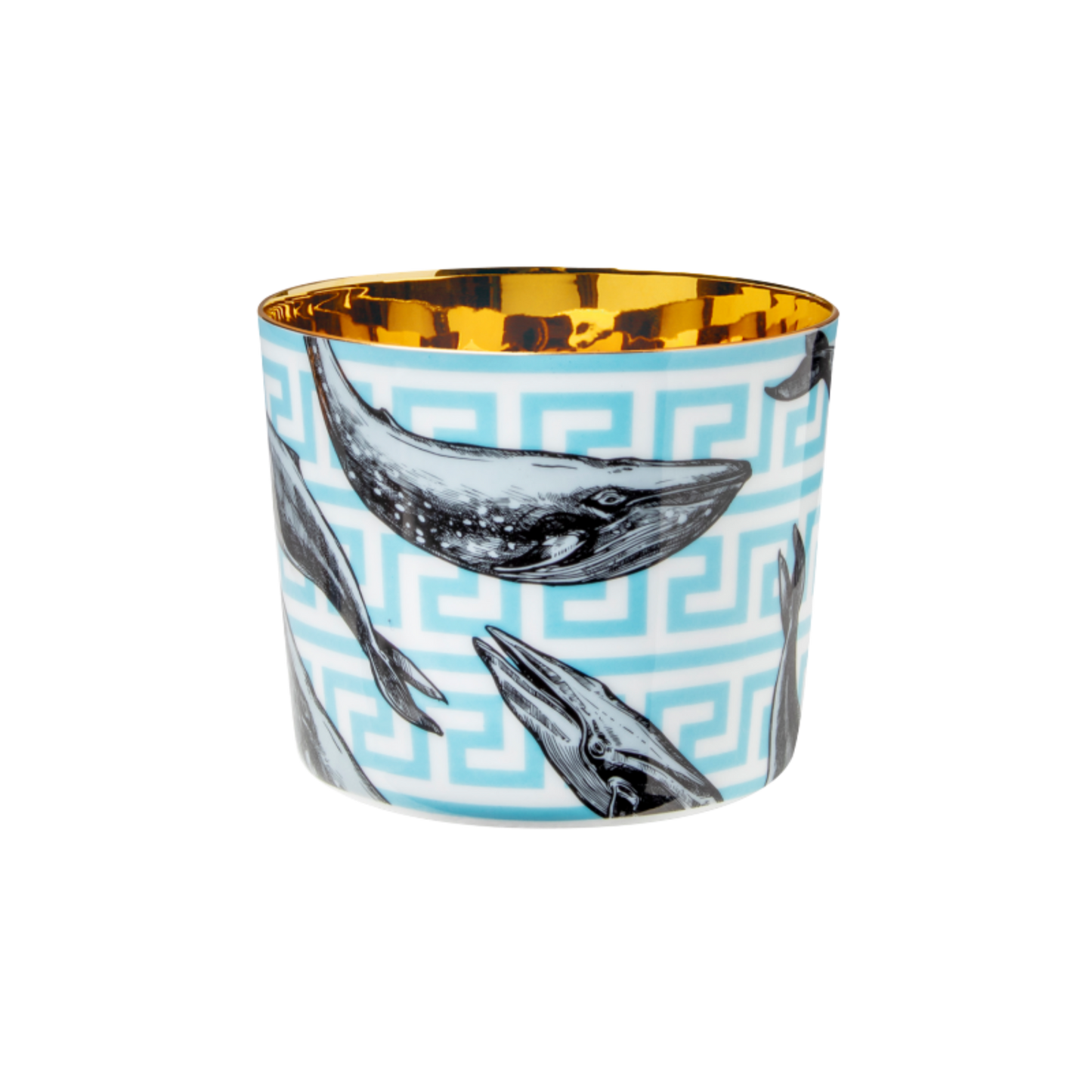 A multicolored porcelain champagne tumbler with a gold interior, decorated with blue whales