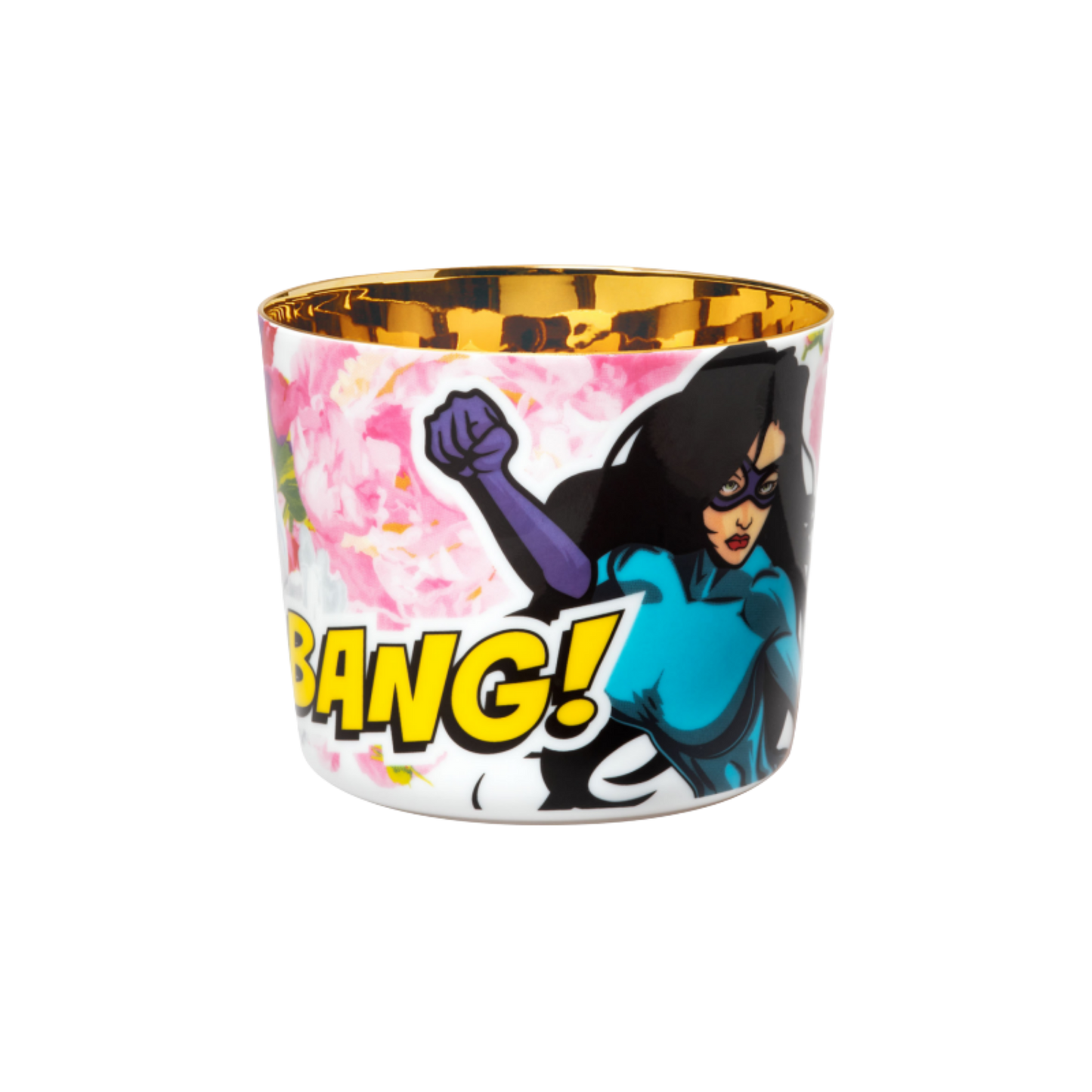A porcelain champagne tumbler with a colorful illustration featuring a woman superhero and the text 'BANG!' on a pink rose background, with a golden interior.