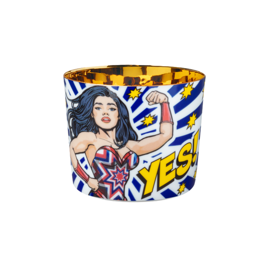 Luxury tumbler with gold interior and Wonder Woman design and 'YES!' text on a white background