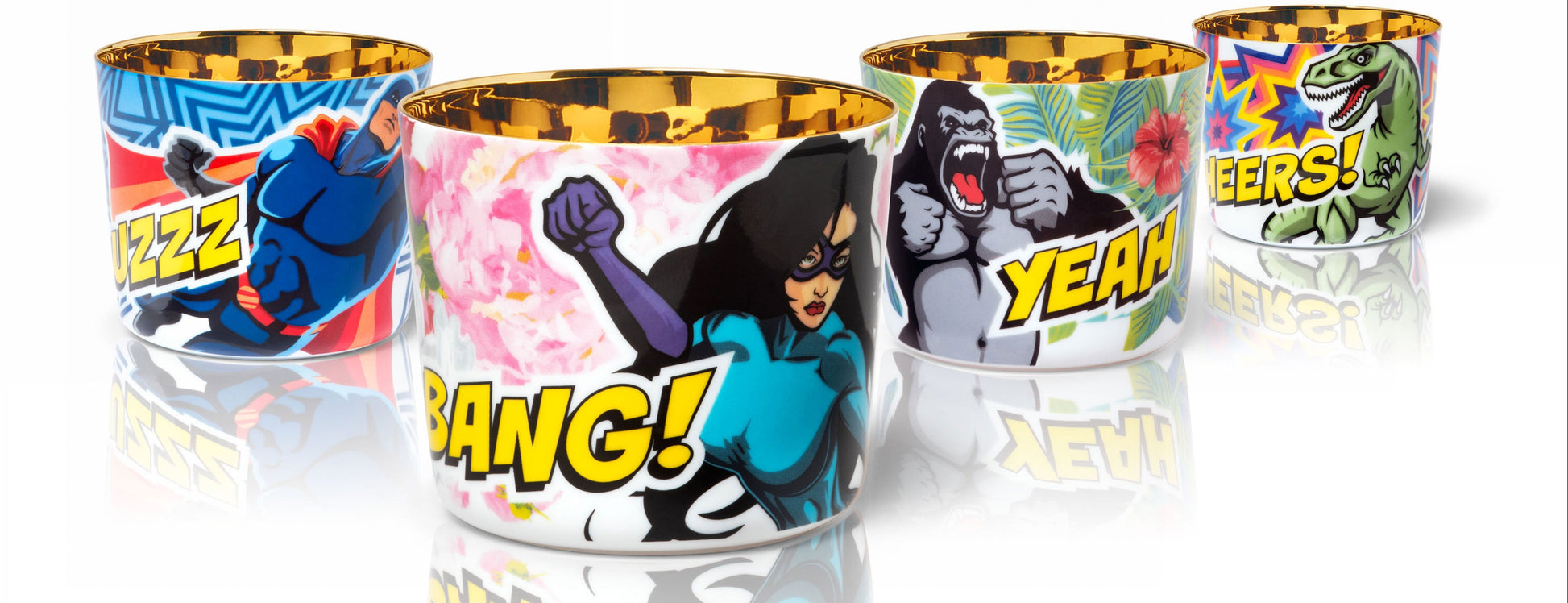 Luxury porcelain tumblers with gold interior and comic or superhero designs 