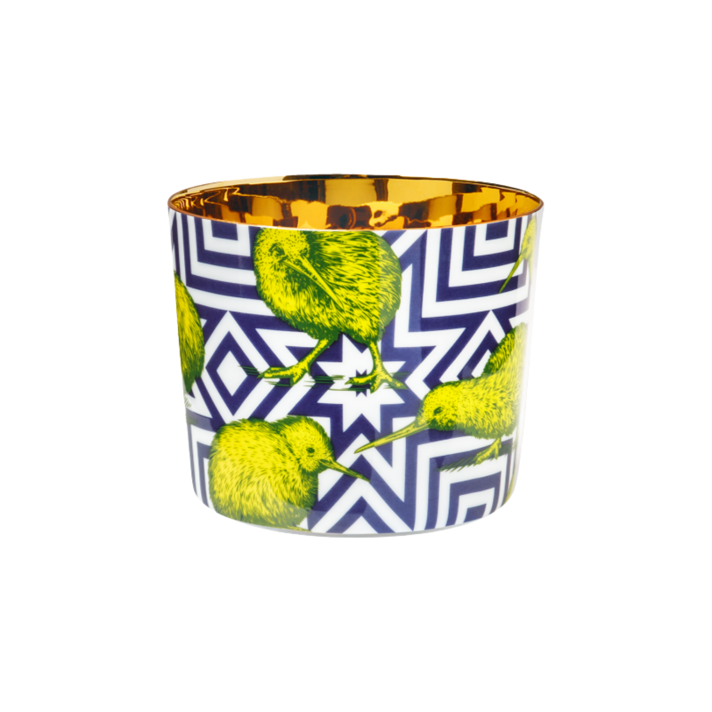 A multicolored porcelain champagne tumbler with a gold interior, decorated with green kiwi against a blue patterned background