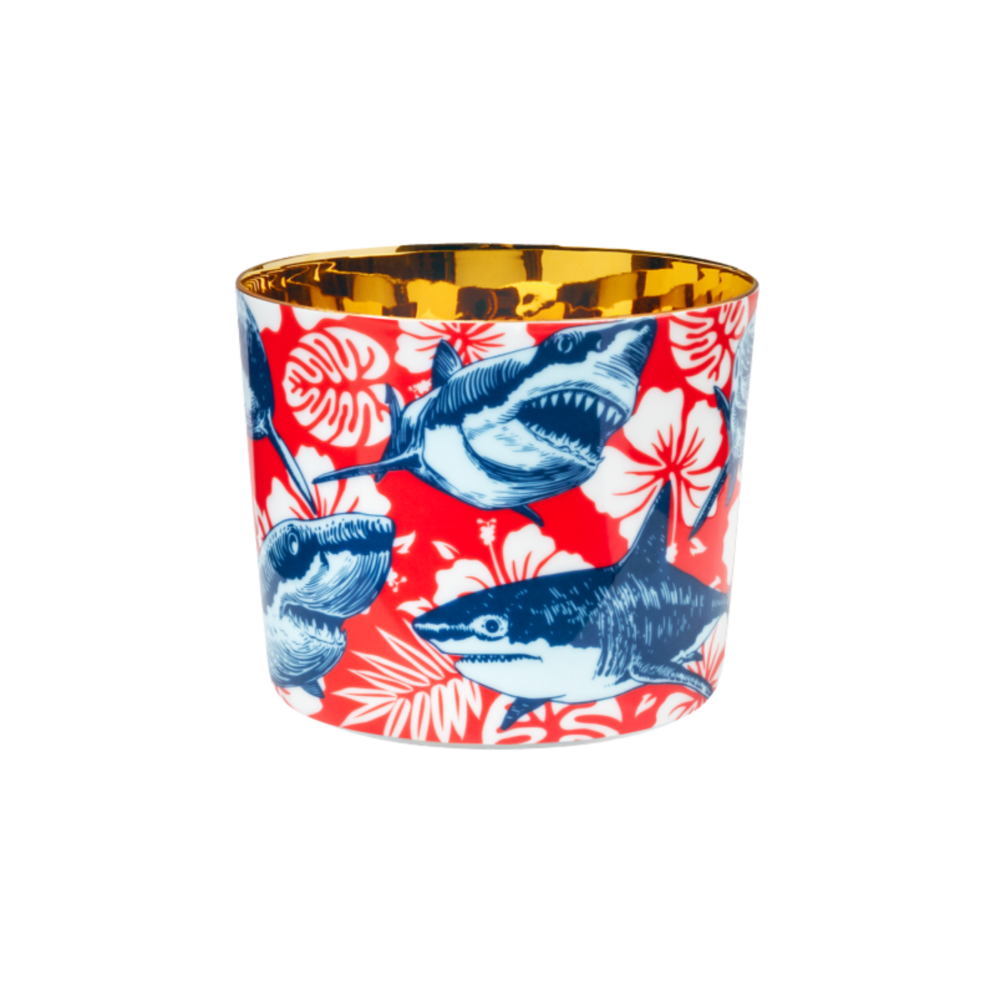 A multicolored porcelain champagne tumbler with a gold interior, decorated with blue sharks against a red patterned background.
