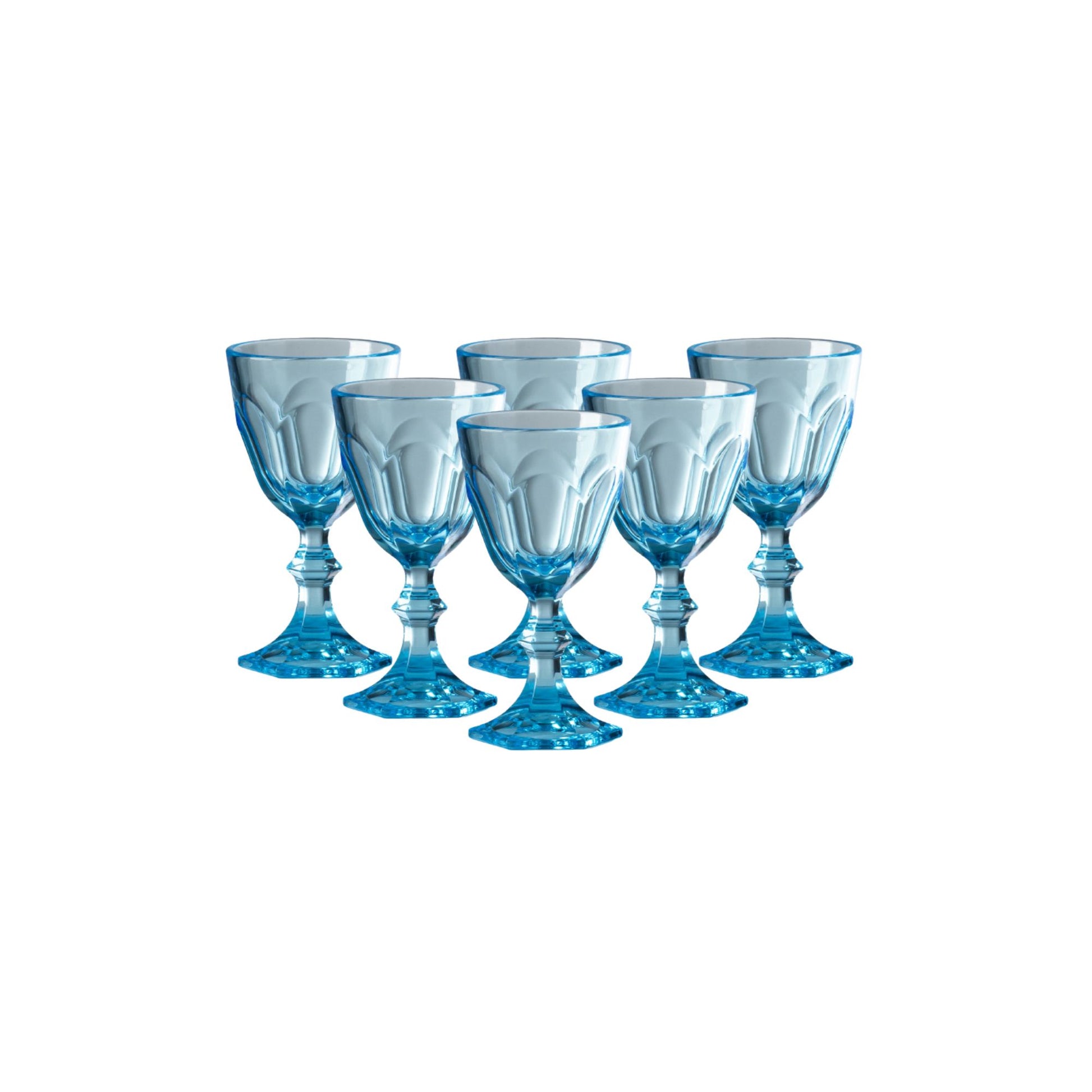 Set of six blue plastic shot glasses on a white background