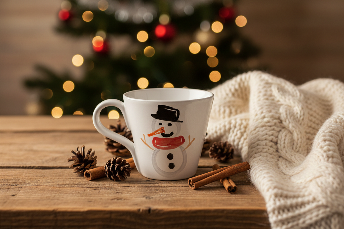 A white ceramic mug with a hand-painted snowman design sits on a rustic wooden table, surrounded by cinnamon sticks, pinecones, and a cream cable-knit sweater, with a blurred Christmas tree in the background.
