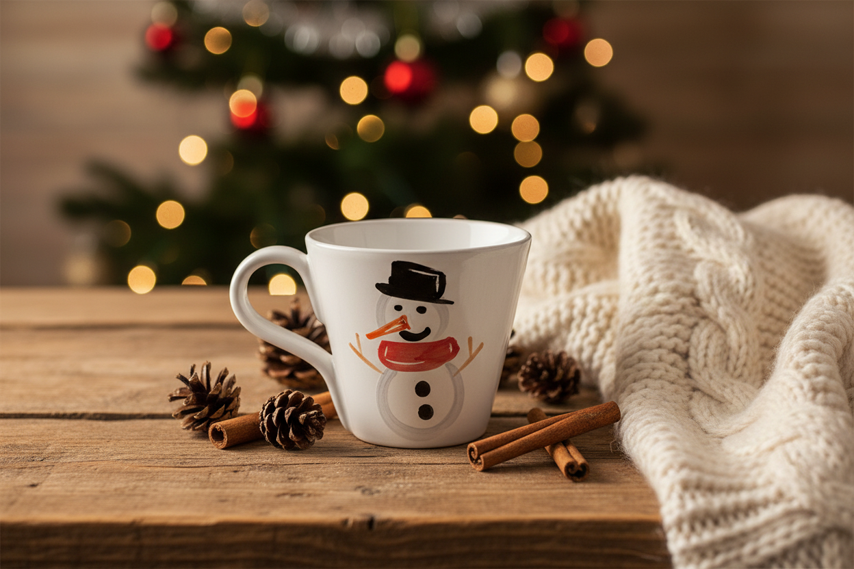 A white ceramic mug with a hand-painted snowman design sits on a rustic wooden table, surrounded by cinnamon sticks, pinecones, and a cream cable-knit sweater, with a blurred Christmas tree in the background.