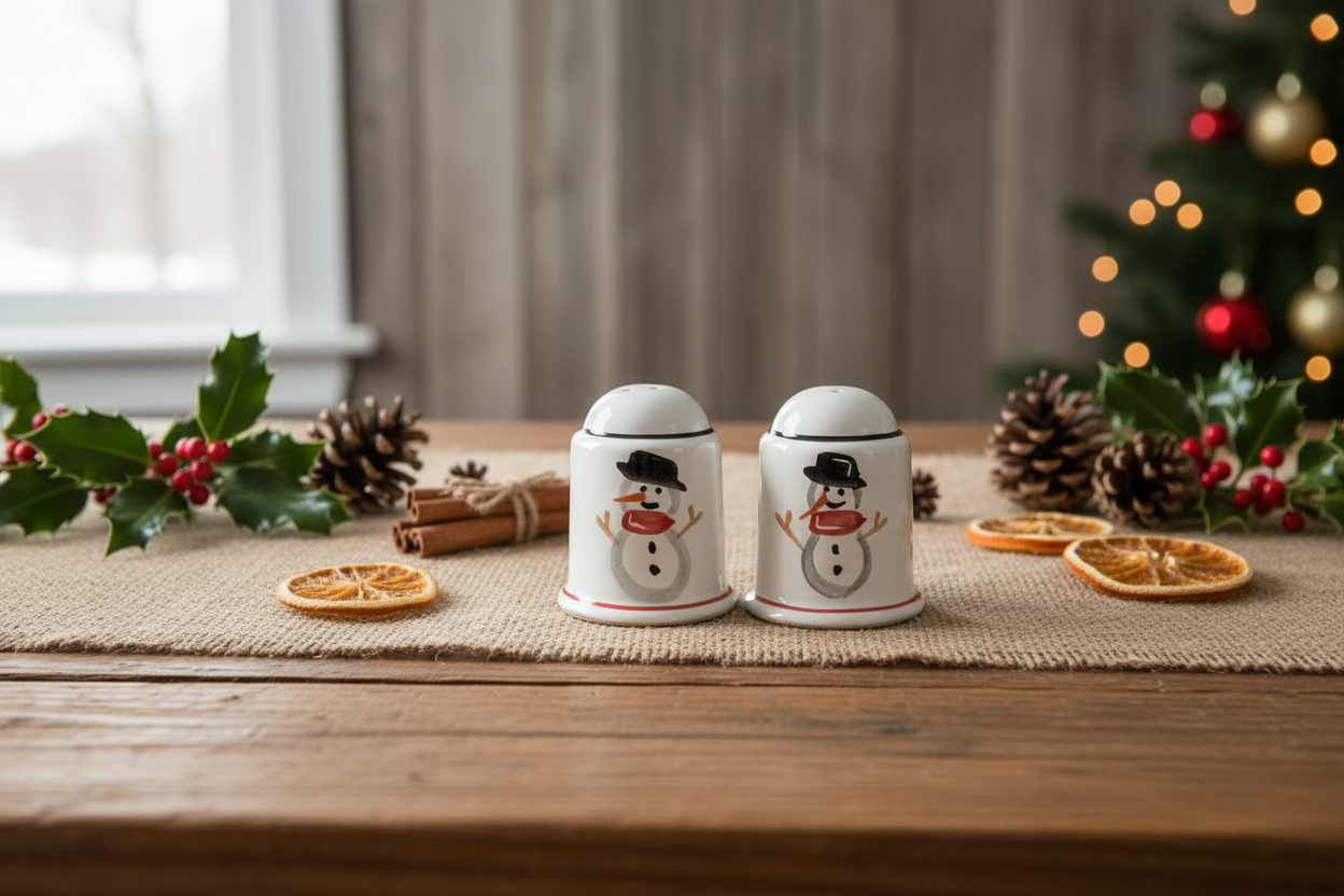 Two white ceramic Christmas salt and pepper shakers with snowman designs, displayed on a burlap runner on a wooden table with holiday decorations in the background.
