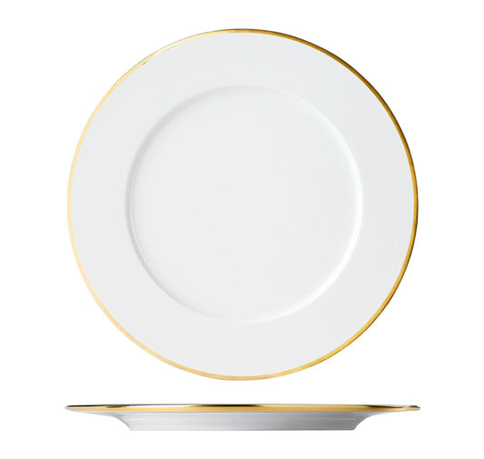 A white porcelain dinner plate with a gold rim