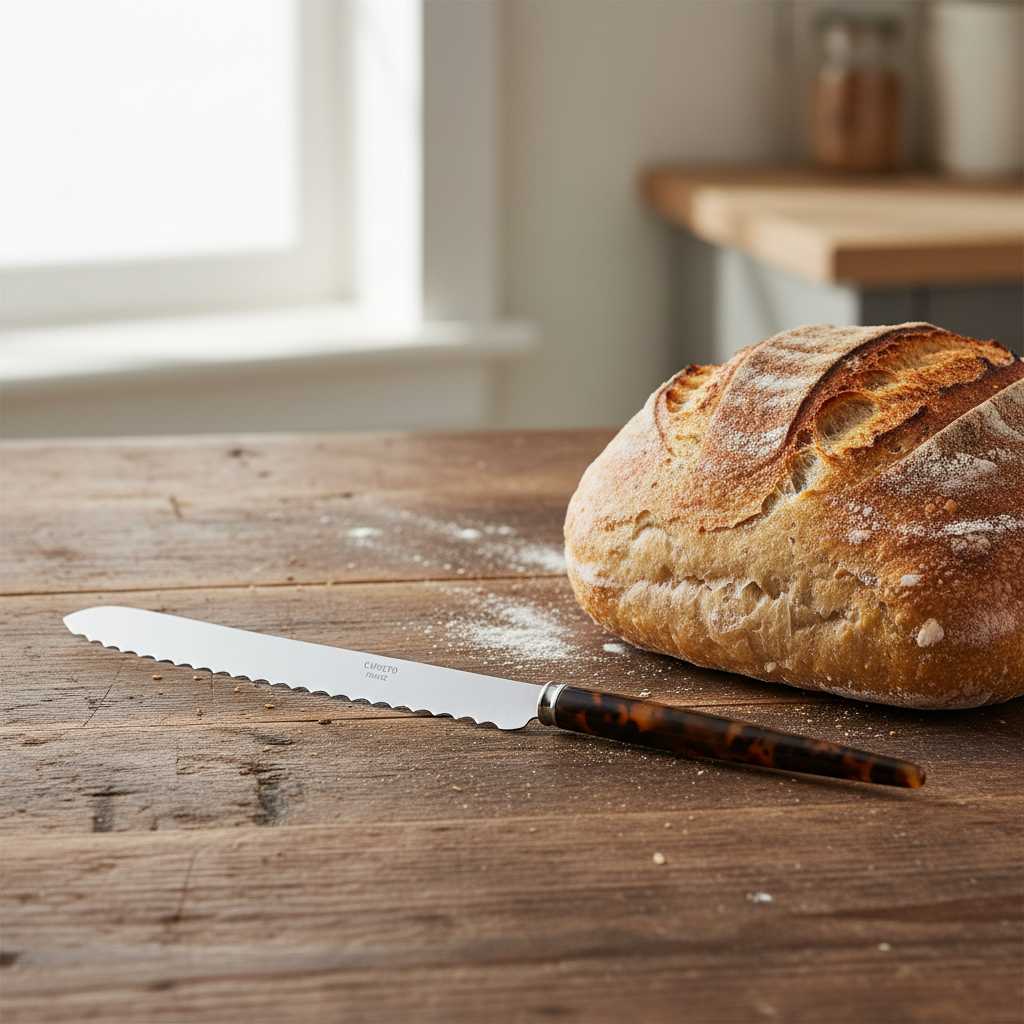 Loaf of bread with a serrated knife on a wooden table