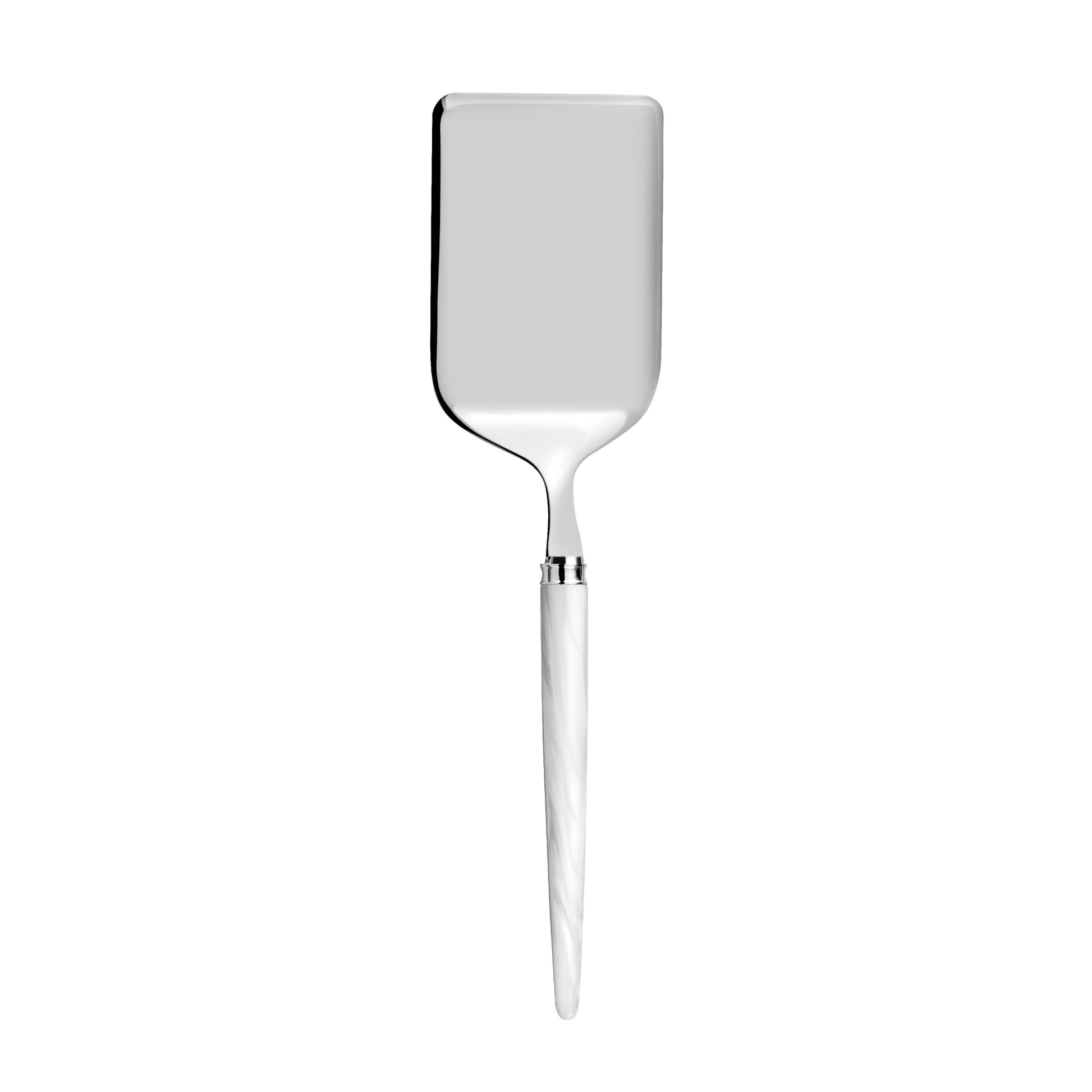 Metal lasagna server with white handle on a white background