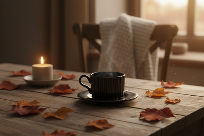 Black melamine tea cup and saucer in a fall setting