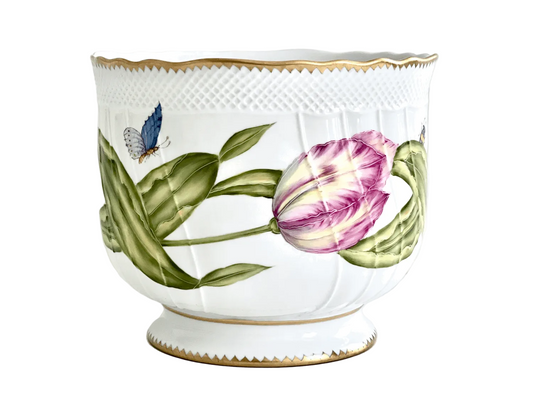 Hand Painted Cachepot, Round - Closed Pink/Yellow Tulip