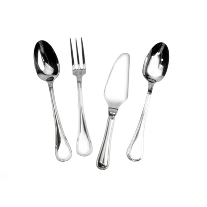 A set of silver flatware including a spoon, fork, knife, and cake server.
