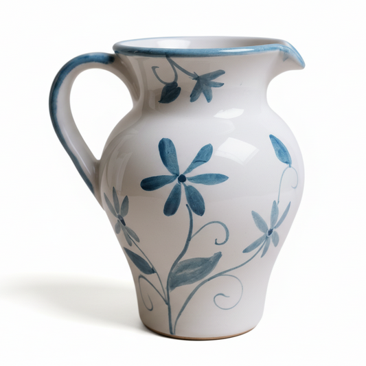 Ceramic pitcher with blue floral patterns on a white background