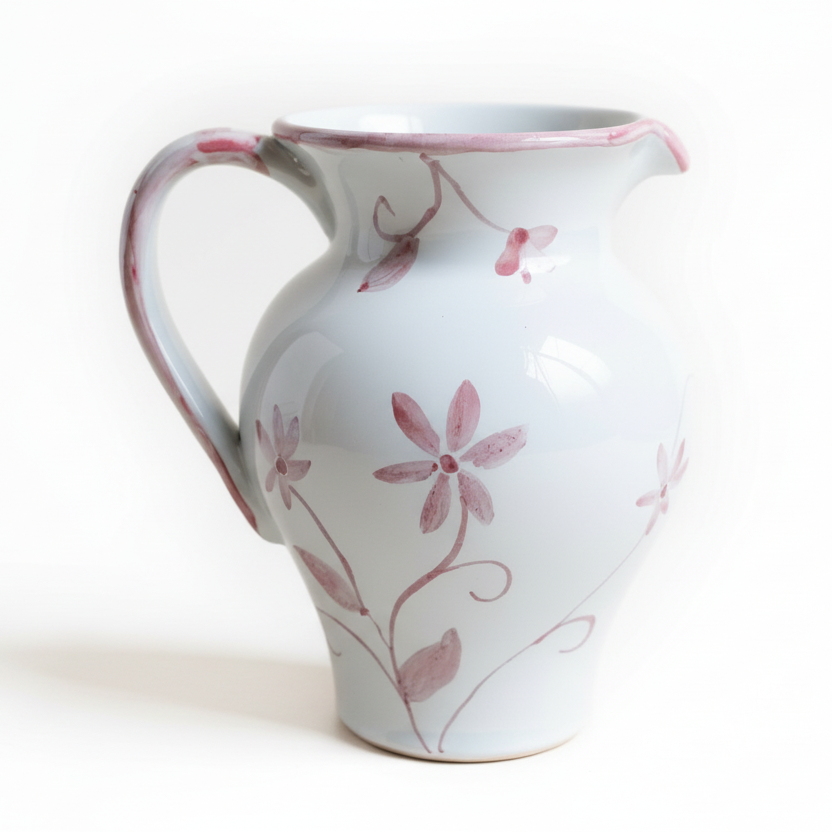 Ceramic pitcher with floral designs on a plain background