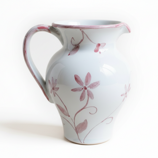 Ceramic pitcher with floral designs on a plain background