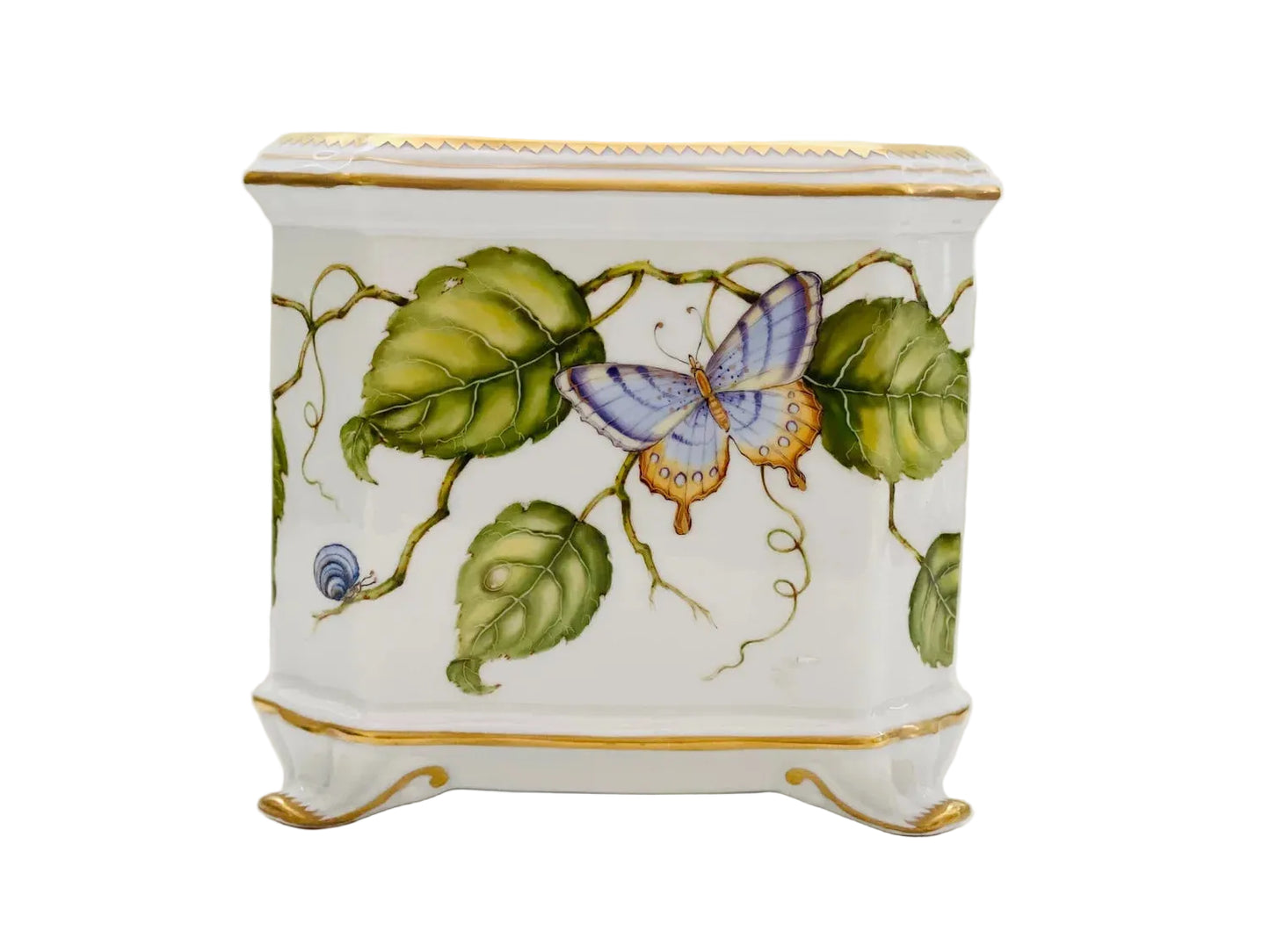 Hand Painted Cachepot, Square - Butterfly on Vine