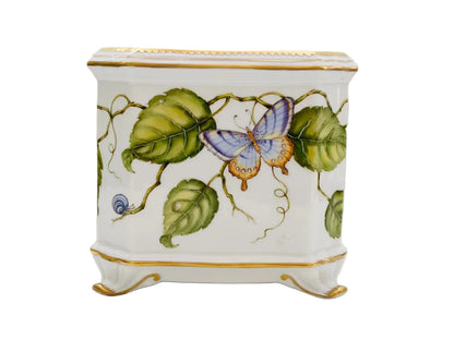 Hand Painted Cachepot, Square - Butterfly on Vine