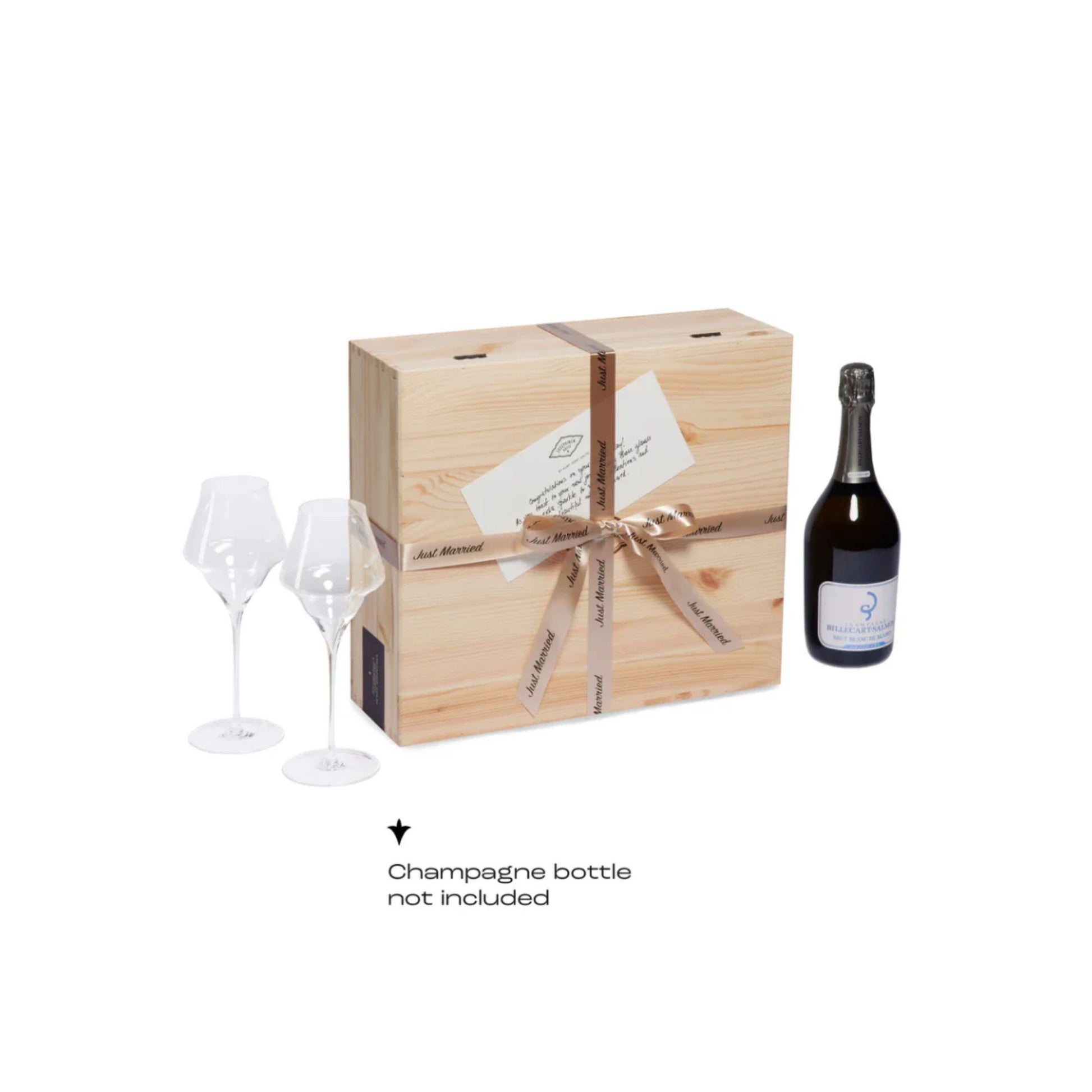 Wooden gift box with champagne bottle and two glasses on a white background